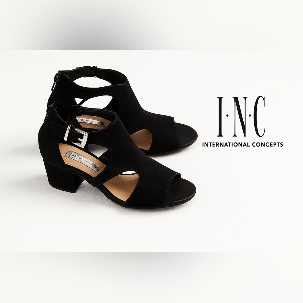 I.N.C. International Concepts Black Suede Cutout Block Heel Sandals – Size 6